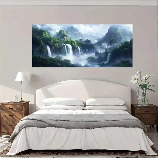 Misty Mountain Waterfall Land Wall Art Canvas Office Home Room Framed 80x45cm