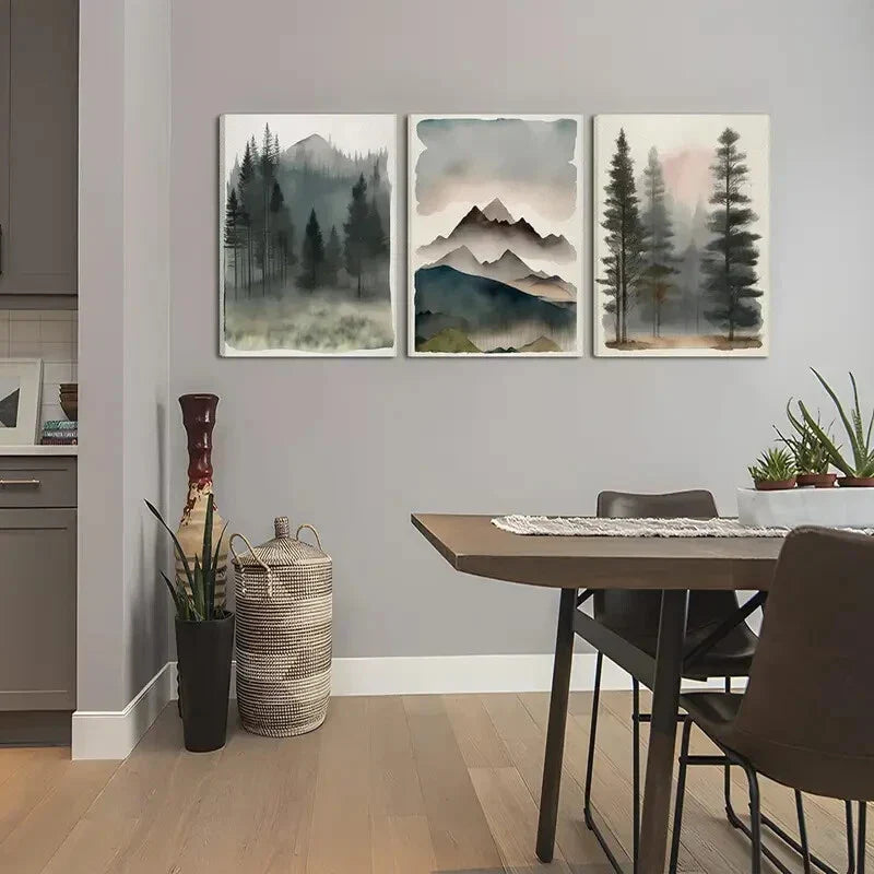 3pcs Pine Tree Mountain Range  Metal Print Ready to Hang Art