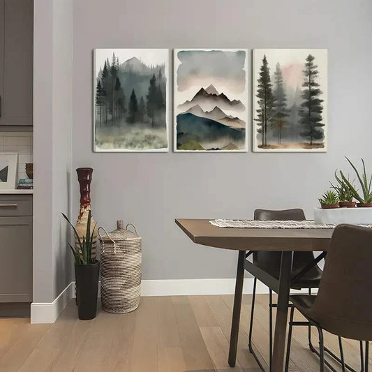 3pcs Pine Tree Mountain Range  Metal Print Ready to Hang Art