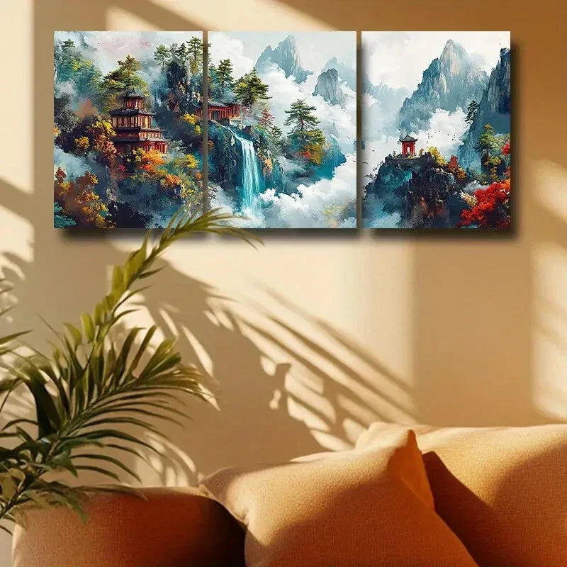 3pcs Colorful Scenery with Pagoda & Waterfalls Metal Print Ready to Hang Art