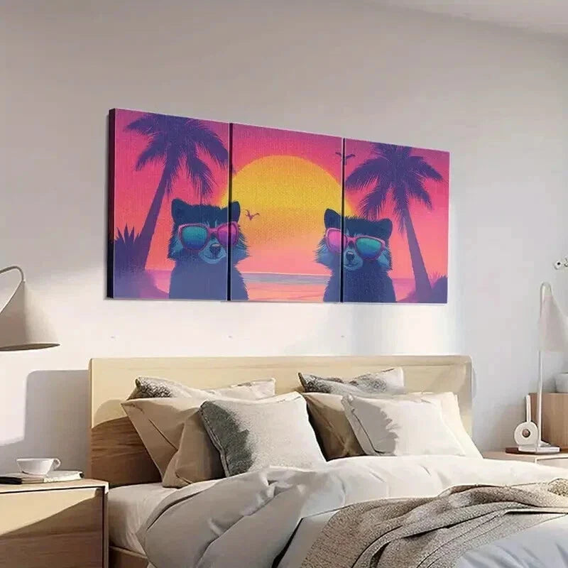 3pcs Raccoons in Fashion Glasses Beach Sunset Wall Art Set Canvas Framed 40x60cm - High Quality Print 100% Australian Made Wall Canvas Ready to Hang