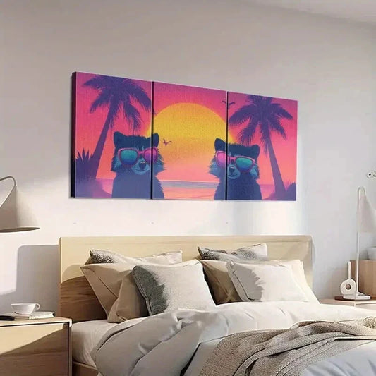 3pcs Raccoons in Fashion Glasses Beach Sunset Wall Art Set Canvas Framed 40x60cm - High Quality Print 100% Australian Made Wall Canvas Ready to Hang