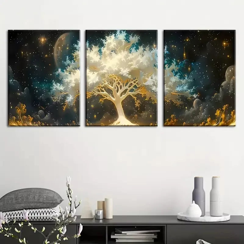 3pcs Tree of Life in the Starry Sky Oil Print  Wall Art Set Canvas Framed 40x60cm - High Quality Print 100% Australian Made Wall Canvas Ready to Hang
