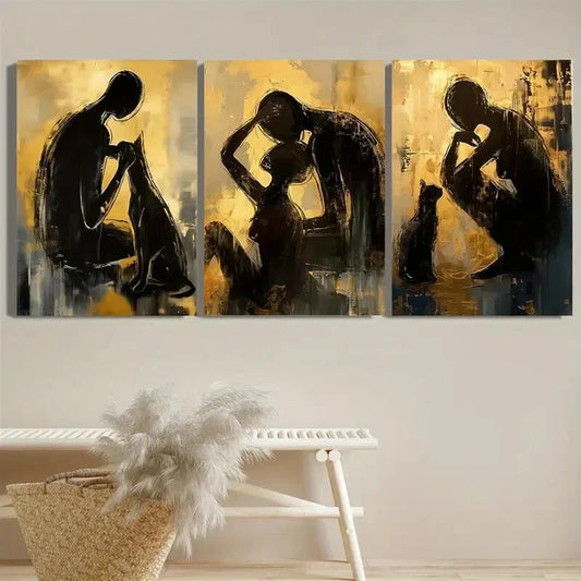 3pcs People And Animals Under Yellow Light Metal Print Ready to Hang Art
