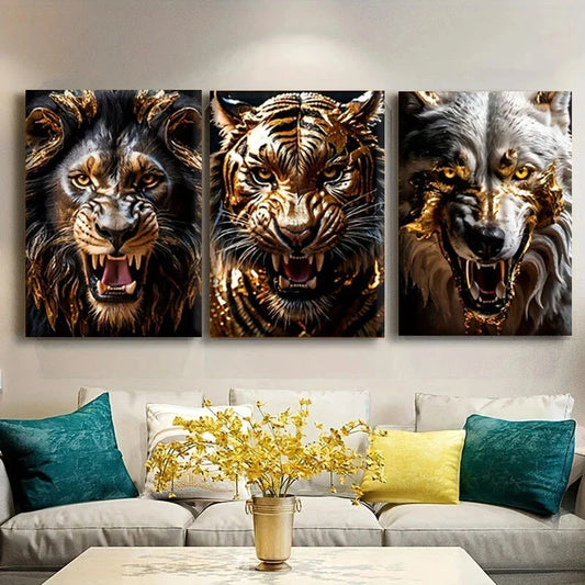 3pcs Fierce Animal Modern Murals Metal Print Ready to Hang Art