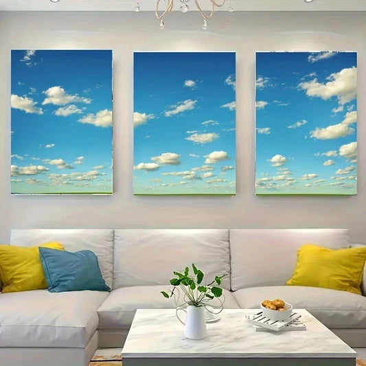 3pcs A Bright Blue Sky with White Metal Print Ready to Hang Art