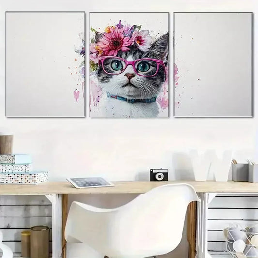 3pcss crown of vibrant flowers Fashionable Kitty Wall Art Set Canvas Framed 40x60cm - High Quality Print 100% Australian Made Wall Canvas Ready to Hang