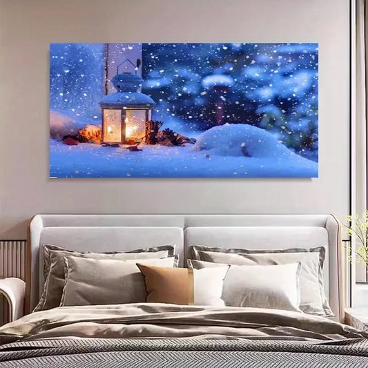 Snowfall & Candle Light Lantern Wall Art Canvas Office Home Room Framed 120x60cm