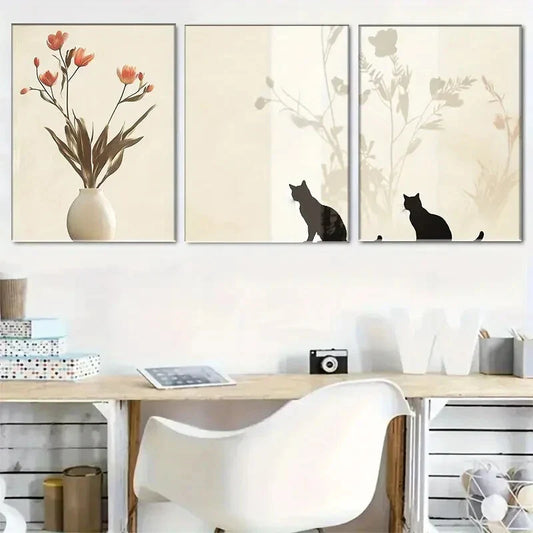 3pcs Three - Panel Cat And Flower Canvas Art Metal Print Ready to Hang Art