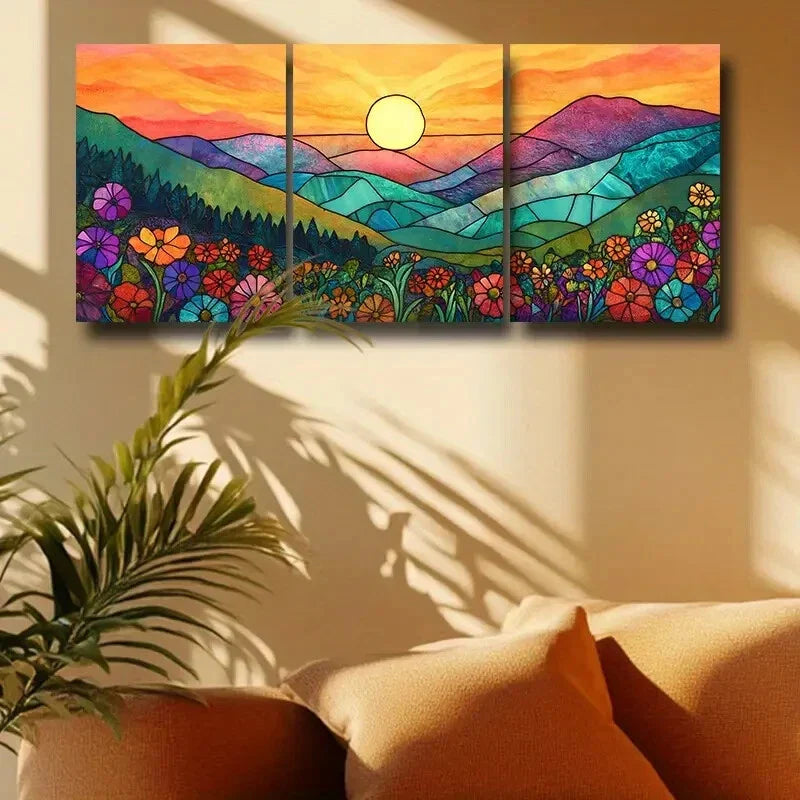 3pcs Vibrant Sunset Mountain Landscape with Floral Metal Print Ready to Hang Art
