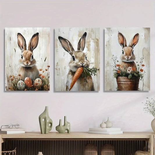 3pcs Cute Brown Bunny Eating Orange Carrot Metal Print Ready to Hang Art