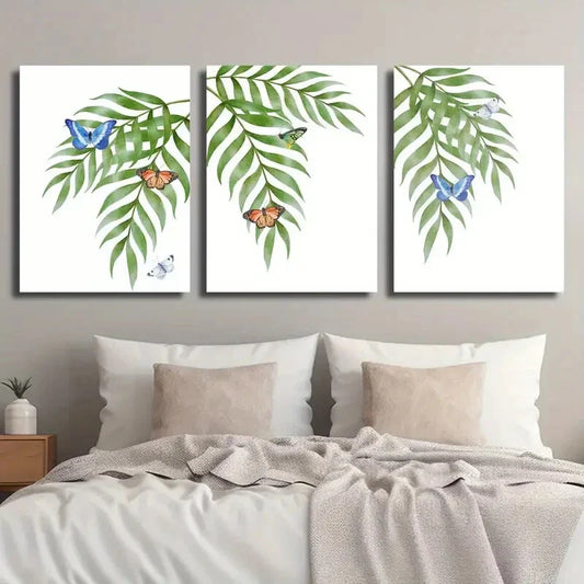 3pcs Tropical Palm And Colorful Butterfly Metal Print Ready to Hang Art