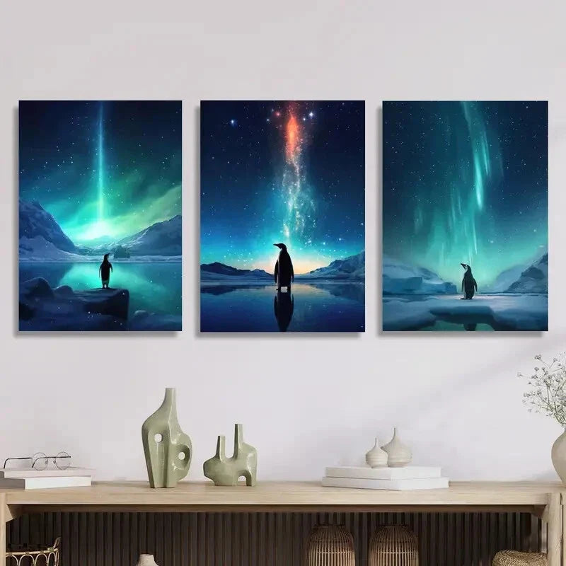 3pcs Penguin themed poster, penguins glacier Metal Print Ready to Hang Art