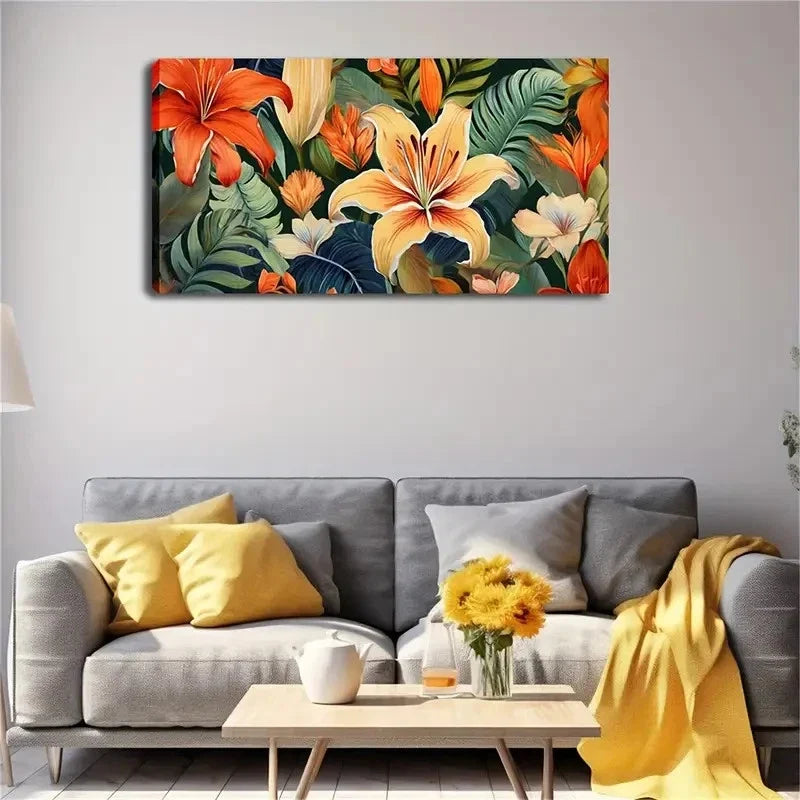 Vibrant Green & Orange Floral Wall Art Canvas Office Home Room Framed 120x60cm