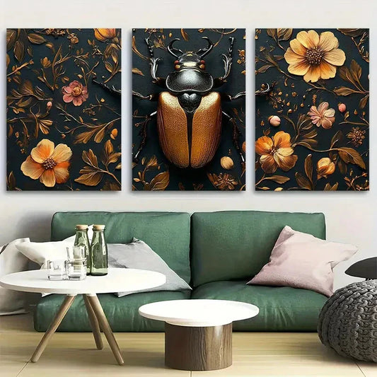 3pcs Ornate Beetle Floral Botanical Insect Metal Print Ready to Hang Art
