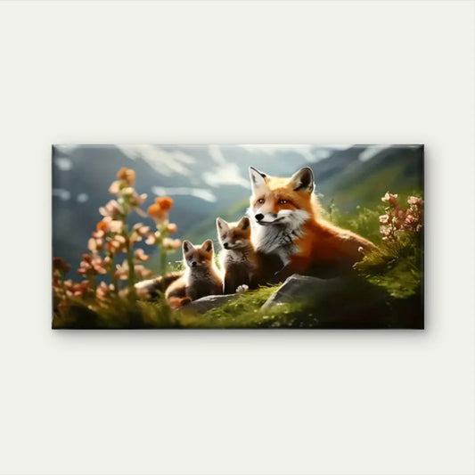 Fox Cubs Nature Cute Wall Art Canvas Office Home Room Framed 80x45cm