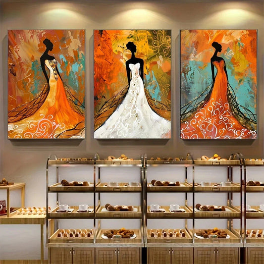3pcs Retro African Women White Dresses and Orange Metal Print Ready to Hang Art