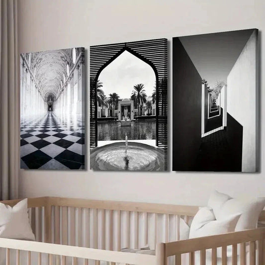 3pcs Venalia Palace Moroccan Arches & Medgreent Wall Art Set Canvas Framed 40x60cm - High Quality Print 100% Australian Made Wall Canvas Ready to Hang