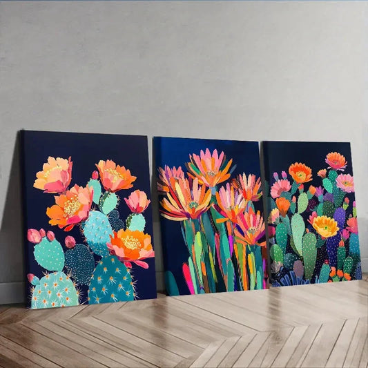 3pcs Vibrant Cactus Night Garden Wall Art Set Canvas Framed 40x60cm - High Quality Print 100% Australian Made Wall Canvas Ready to Hang