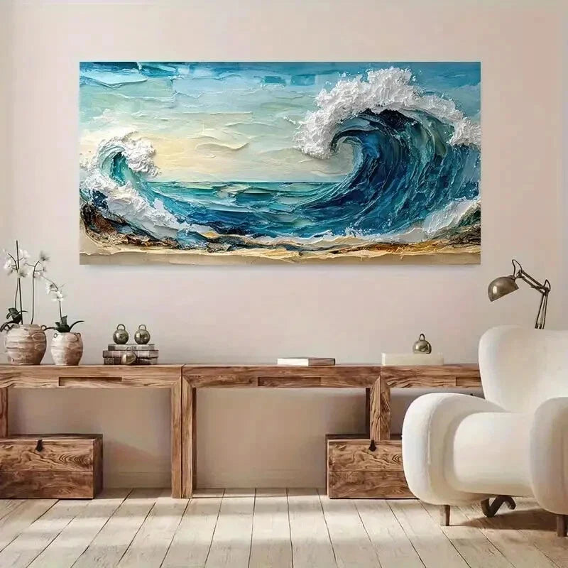 Vibrant Blue Ocean Waves wall canvas office home room framed 120x60cm