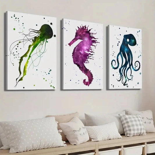 3pcs Colorful Starry Sky with Jellyfish Seahorse Wall Art Set Canvas Framed 40x60cm - High Quality Print 100% Australian Made Wall Canvas Ready to Hang