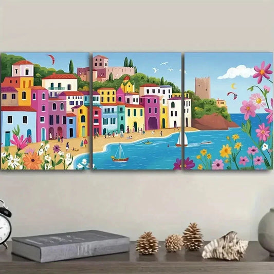 3pcs Mediterranean town Art Painting Metal Print Ready to Hang Art