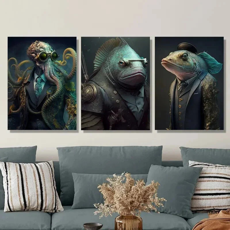 3pcs Steampunk Octopus & Fish Warrior Metal Print Ready to Hang Art