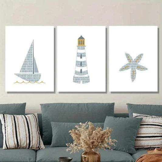 3pcs  Cartoon watercolor sailing ship lighthouse Metal Print Ready to Hang Art