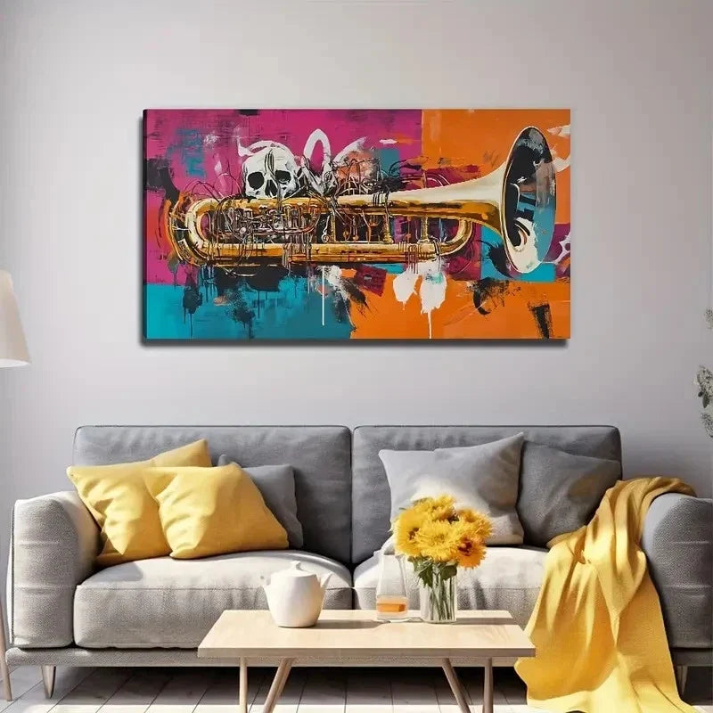 Skeleton Musical Instrument Wall Art Canvas Office Home Room Framed 120x60cm