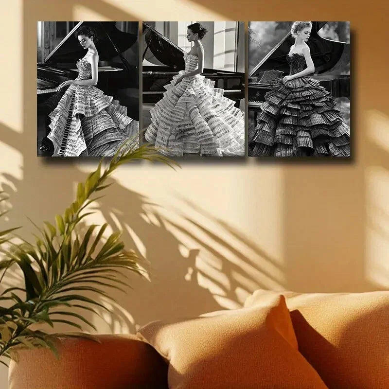 3pcs Elegant Women with Piano Design Metal Print Ready to Hang Art