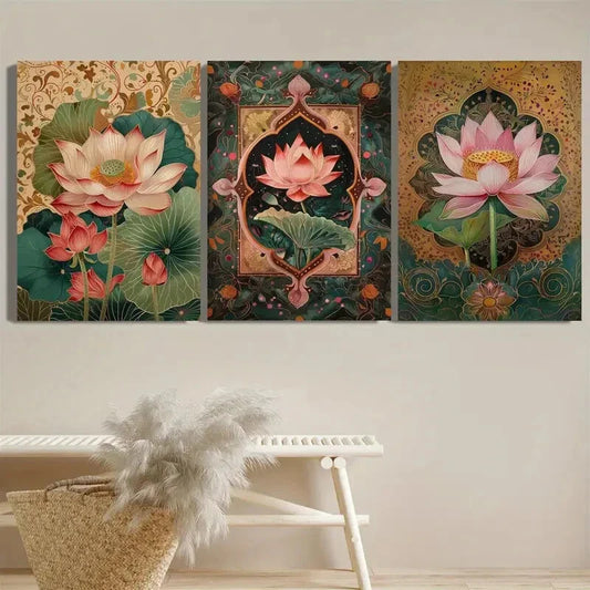 3pcs Vintage Beautiful Lotus Flower Pattern Metal Print Ready to Hang Art