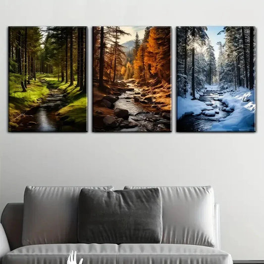 3pcs season pine forest scene  Metal Print Ready to Hang Art