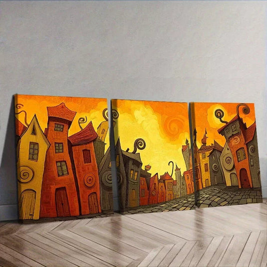 3pcss Buildings in The City Strange Background Wall Art Set Canvas Framed 40x60cm - High Quality Print 100% Australian Made Wall Canvas Ready to Hang