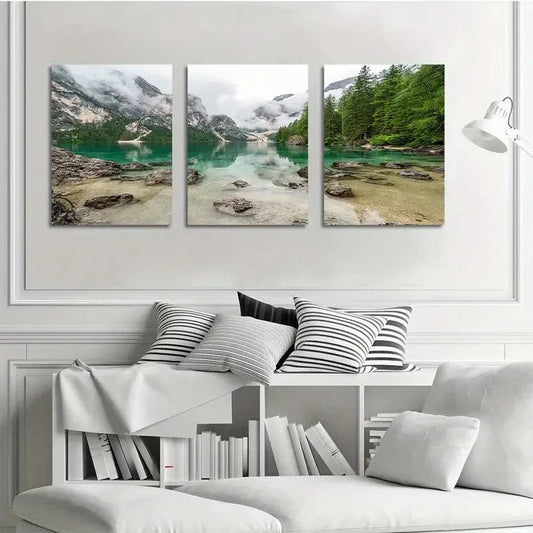 3pcs Green Lake Pine Natural Scenery Metal Print Ready to Hang Art