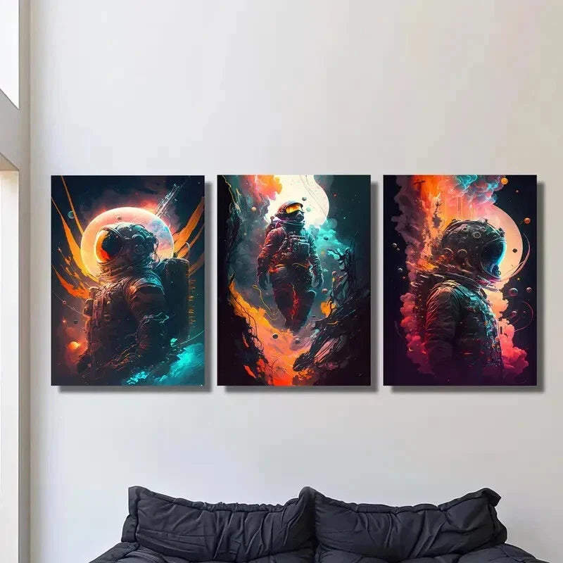 3pcs Fantasy Astronaut Classic Modern Metal Print Ready to Hang Art