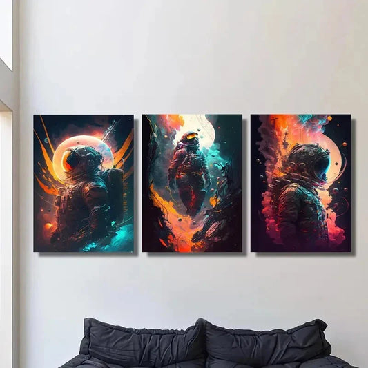 3pcs Fantasy Astronaut Classic Modern Metal Print Ready to Hang Art
