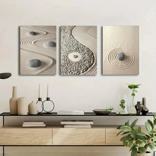 3pcs Meditation Spiritual Decor, Pebbles  Metal Print Ready to Hang Art