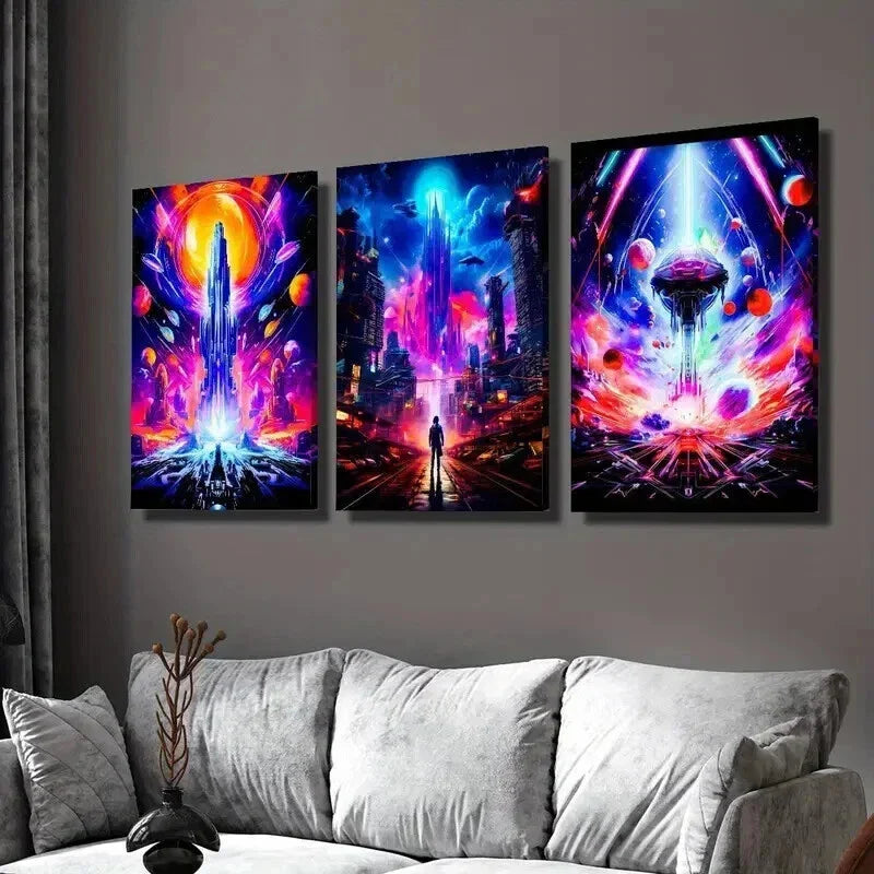 3pcs Neon Sci-Fi Universe Planet & Future Wall Art Set Canvas Framed 40x60cm - High Quality Print 100% Australian Made Wall Canvas Ready to Hang