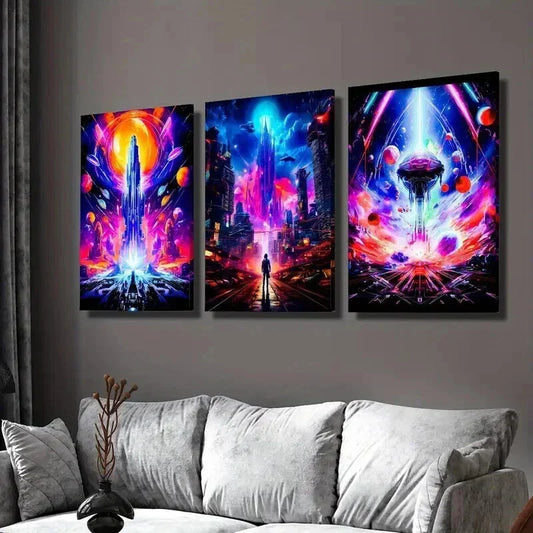 3pcs Neon Sci-Fi Universe Planet & Future Wall Art Set Canvas Framed 40x60cm - High Quality Print 100% Australian Made Wall Canvas Ready to Hang