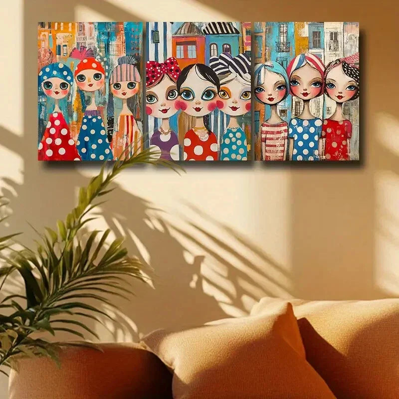 3pcs Colorful Playful Dolls with Accessories Metal Print Ready to Hang Art