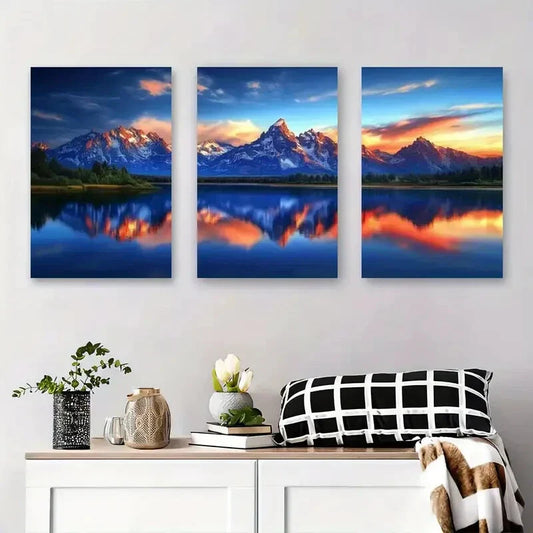 3pcs Majestic Mountain Peaks, Scenic Lake Metal Print Ready to Hang Art