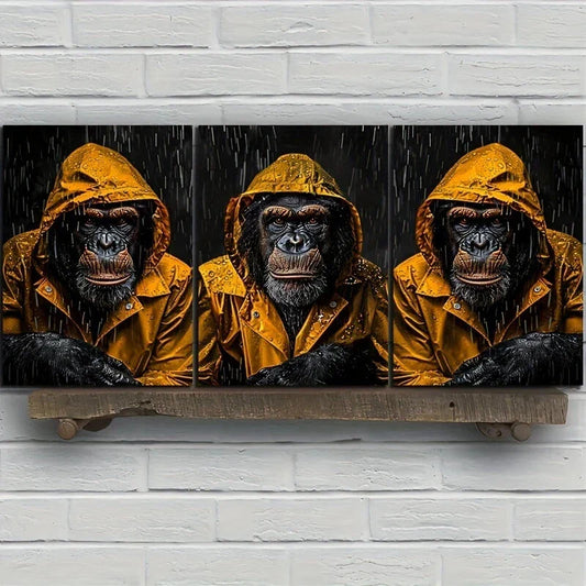 3pcs Three Gorillas Yellow Rain Court Metal Print Ready to Hang Art