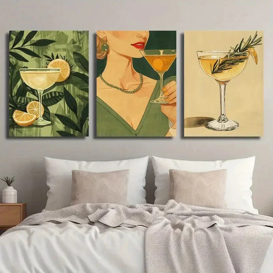 3pcs Vintage Cocktail Girl Lemon Leaves Metal Print Ready to Hang Art