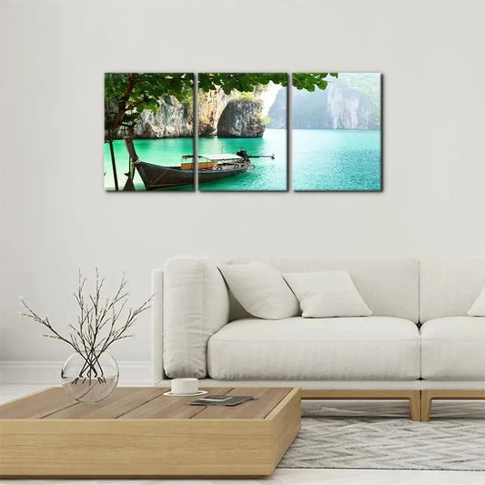 3pcs Boat on Island in Thailand Natural Metal Print Ready to Hang Art