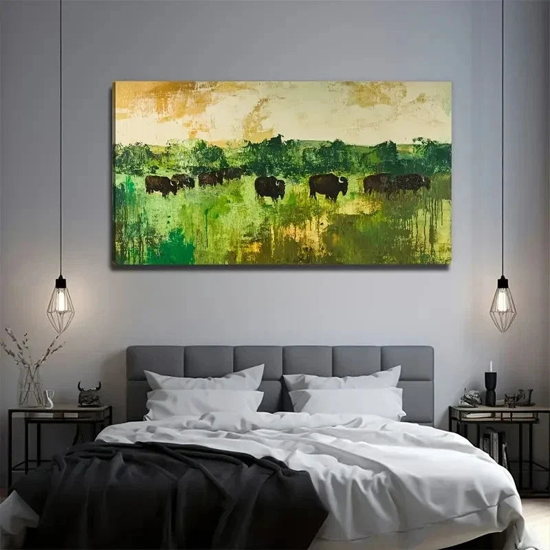 Abstract Grassland Cattle Wall Art Canvas Office Home Room Framed 80x45cm