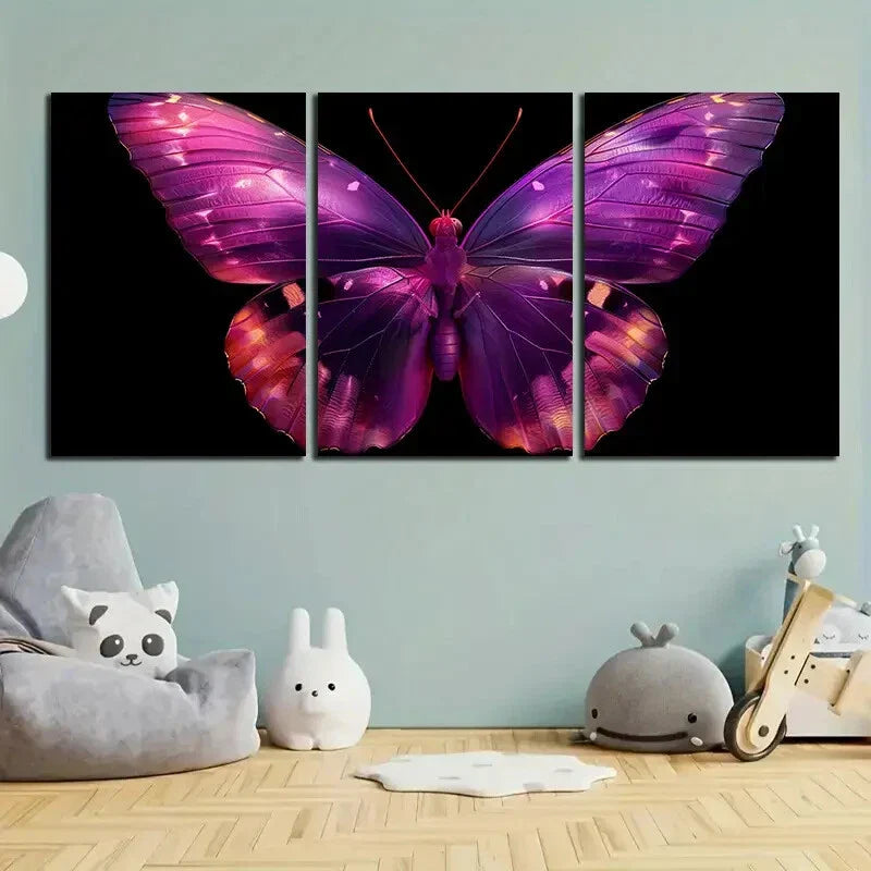 3pcs Butterfly Vibrant Pink and Purple Metal Print Ready to Hang Art