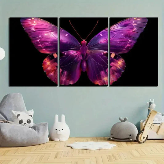 3pcs Butterfly Vibrant Pink and Purple Metal Print Ready to Hang Art