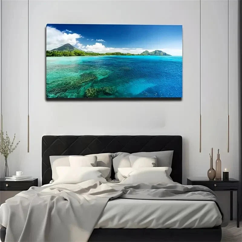 Serene Beauty Ocean View Wall Art Canvas Office Home Room Framed 80x45cm