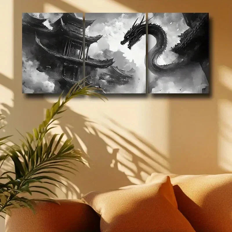 3pcs Chinese Dragon Design with Pagoda & Clouds Metal Print Ready to Hang Art