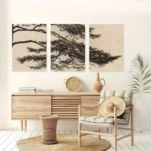 3pcs Vintage Pine Tree Etching Black & White Metal Print Ready to Hang Art